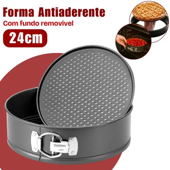 Forma de Bolo com Fundo Removível 24cm Antiaderente Assadeira Redonda Aço Torta Empada