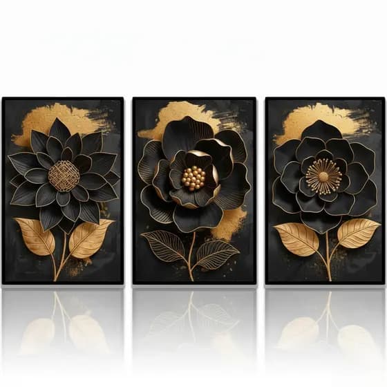 Quadros decorativo 3 peças Flores Preta e Dourada premium Luxo Gold abstrato sala quarto corredor