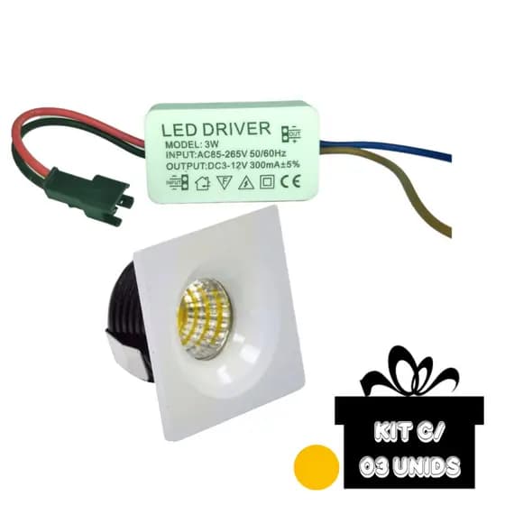 KIT MINI SPOT LED 3W QUADRADO EMBUTIR BRANCO QUENTE 3000K MINI LASER PARA TETO MOVEIS PLANEJADOS