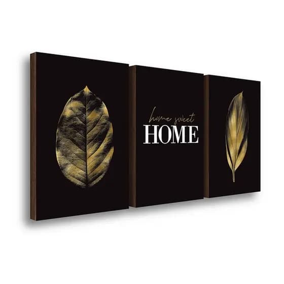 Kit 3 Quadros Decorativos Folhagem Home Ouro Sofisticado Elegante Sala Casa 40x60cm