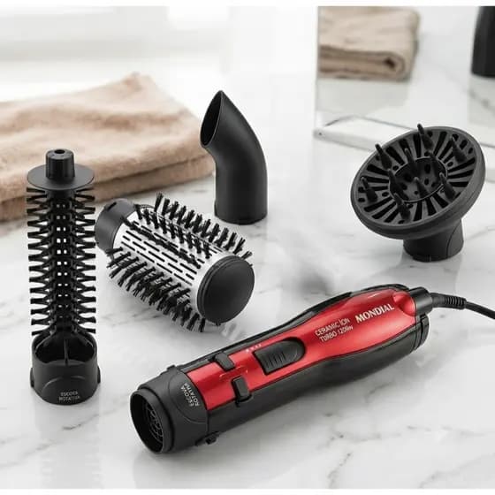 Escova Rotativa Giratoria Mondial ER-10 Alisadora Secadora DIfusor De Cachos Cacheia 1200W 5 em1 Ar Frio Quente Secadora