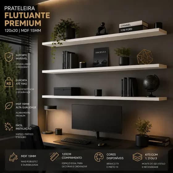 Prateleira Flutuante Premium 120x20 MDF 15mm Suporte Invisível