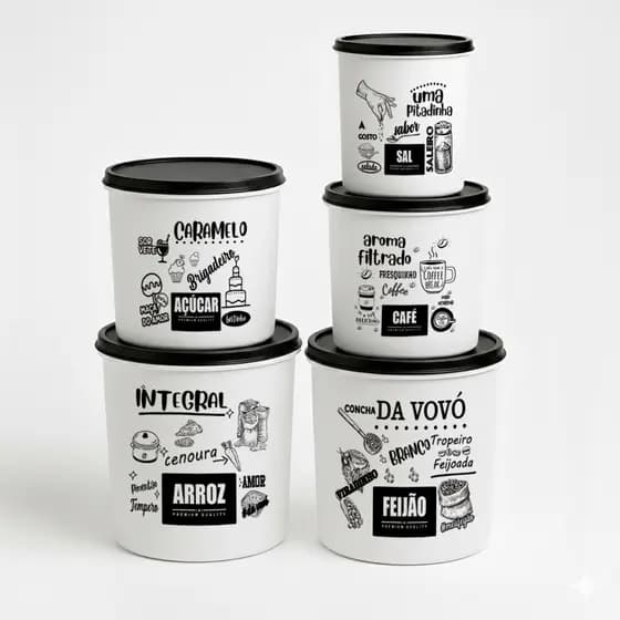 Kit 5 Potes de Mantimentos Plástico Decorado Branco PB Frases