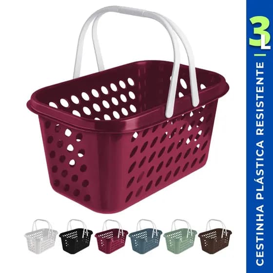 Cesta Cestinha Plástica Supermercado Compras 3L c/ Alça Resistente Leve Mulituso Portátil