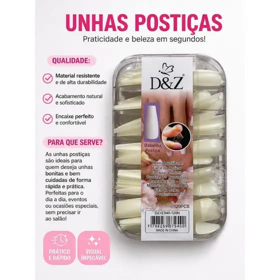 Unhas Postiças Bailarina D&Z Leitosa ou Transparente 120 UN – (Tamanhos 0 ao 9) Original
