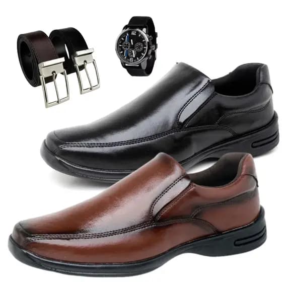 kit Dois Sapato Sapato Social Masculino Com Cinto e Relógio Preto