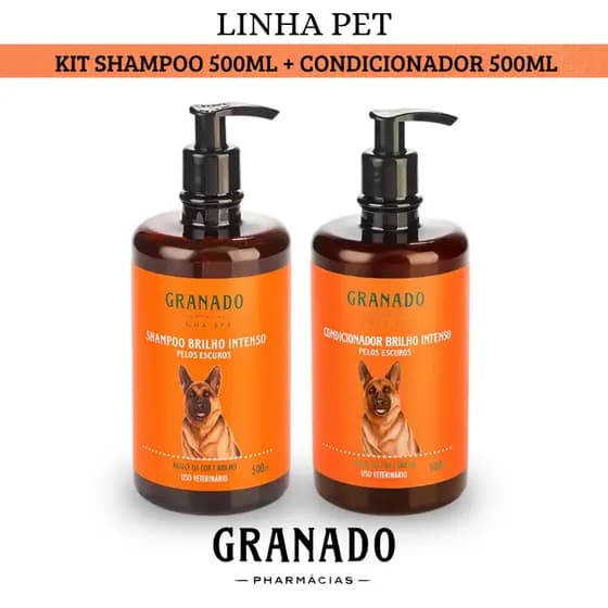 Kit Shampoo + Condicionador Granado Linha Pet Pelos Escuros Brilho Intenso 500ml Cães Cachorros e Gatos Hidratação