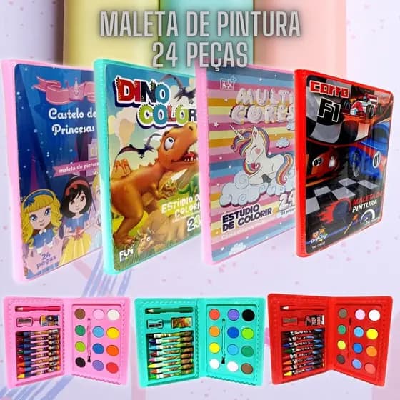 Estojo Canetinha Maleta Material Escolar Pintura 24 Peças
