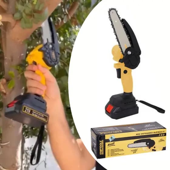 Mini Motosserra Elétrica Portátil 6” Bivolt com Bateria Recarregável Compacta
