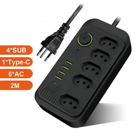 Extensão Filtro De Linha Segurança 5 Tomadas 4 Usb E Usb C