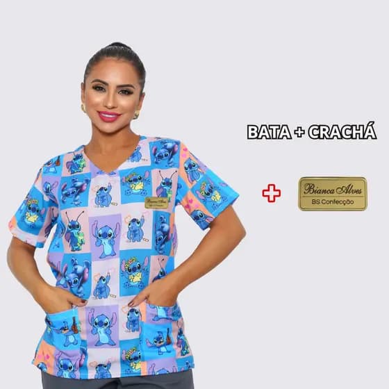Blusa Bata Oxford Premium Estampado + Crachá Magnético Personalizado Profissão Toque Macio Não Amassa Uniforme