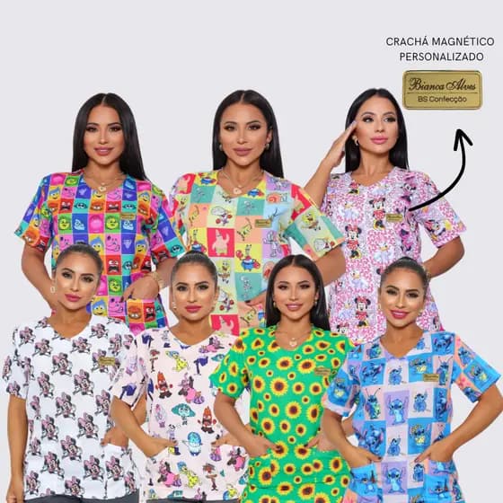 Blusa Bata Oxford Estampado + Crachá Magnético Personalizado Toque Macio Não Amassa Uniforme de Clinica