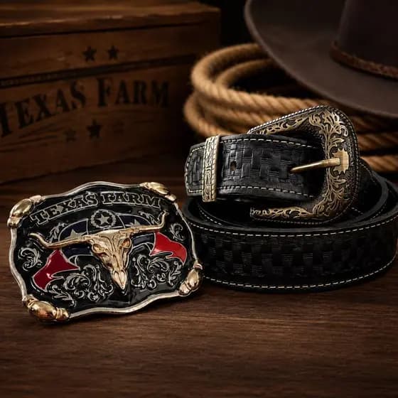 Kit Cinto Country Entalhado Couro Legítimo + Fivela Cowboy Texas Farm