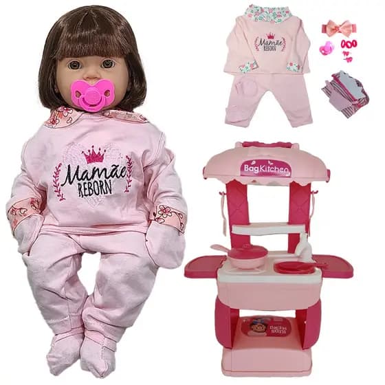 KIT Boneca Bebê Mamãe Reborn 45cm + Mini Cozinha