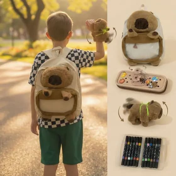 Kit Capivara Escolar Completo | Mochila Pelúcia + Estojo + Canetinhas