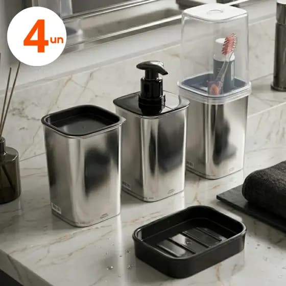 Kit Banheiro Porta Escova Lavabo Preto 4 Peças Metalizado