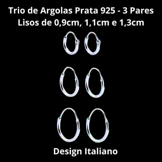 Brincos Trio de Argolas Prata 925 - Conjunto com 3 Pares Lisos em 3 Tamanhos Diferentes