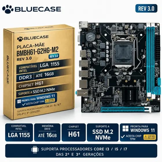 Placa Mae H61 Com suporte a TPM 2.0 (NÃO INCLUSO) e Secure Boot I3 I5 I7 LGA 1155 Ddr3 M2 Gigabit Micro Atx Pc