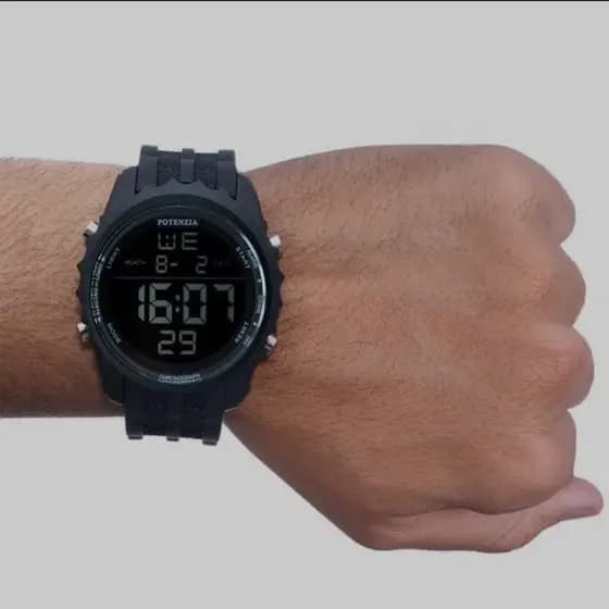 Relogio de Pulso Masculino Potenzia Digital Esportivo Redondo Cronômetro Display Led Preto Luxo