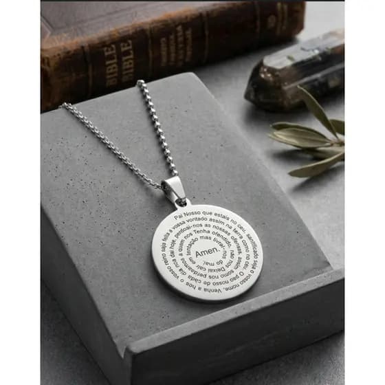 Colar corrente Aço Inoxidável Com Pingente Medalha Redondo Oração Pai Nosso 50cm Moda