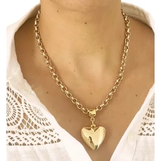 Colar Choker Corrente Feminino Elos Português Grosso 50cm Pingente Coração Liso Folheado Ouro 18k Tendência
