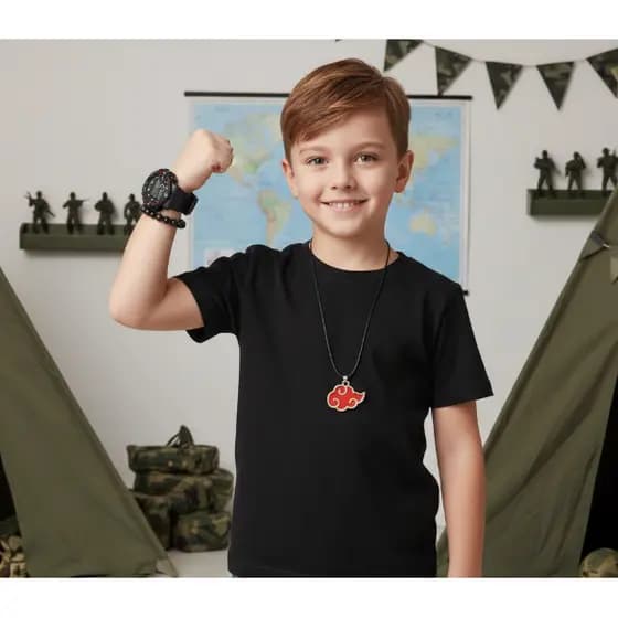 Kit Relógio Infantil tipo Militar Esportivo Cronômetro Alarme Luz LED + Colar Cordão ajustável Naruto 3D + Pulseira