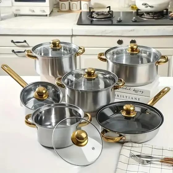 Conjunto em aço inoxidável 12PCS Antiaderente 5 Panelas com Tampa e Uma Frigideira Com Tampa, Fino Acabamento
