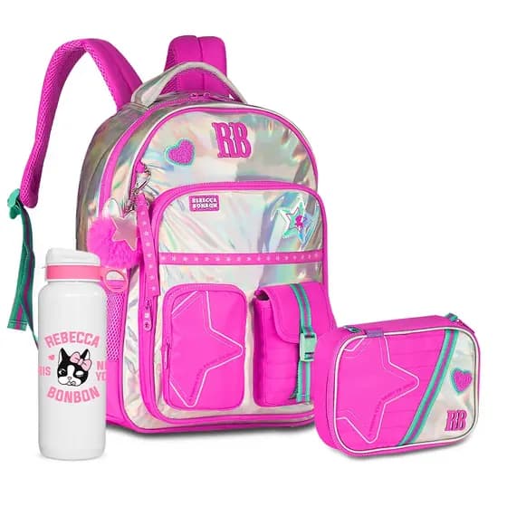 Kit Mochila Rebecca Bonbon Estojo Box Grande Pompom RB Personalizado Escolar Volta as Aulas Costas