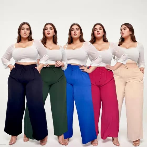 Calça Feminina Pantalona Reforçada Plus Size Duna Com Elástico Na Cintura