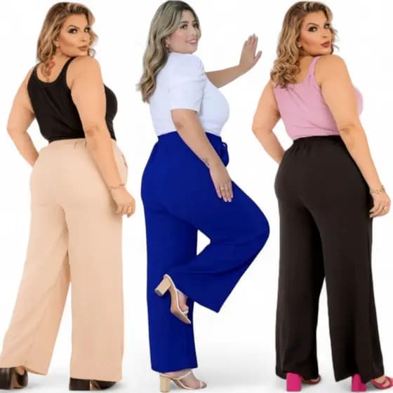 Kit 3 Calça Pantalona Plus Size Duna Sortidas Feminina Costura Reforçada