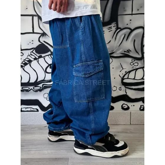 CALÇA CARGO AZUL ESCURO, CALÇA JEANS, CALÇA LARGA, CALÇA BAGGY