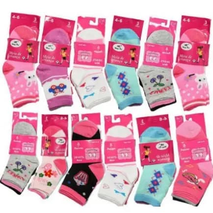Kit meia 12 pares Infantil Feminino Atacado Varejo Lançamento Promoção Estampada Meia Bebê Criança Feminina