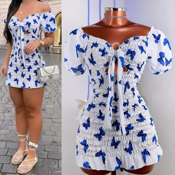 Vestido Lastex Manga Oncinha Floral delicado Estampado Alta Tendência xadrez