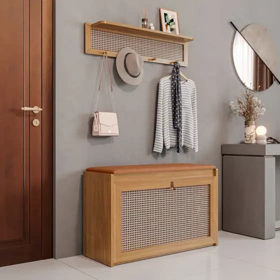 Kit Sapateira e Cabideiro Plenitude Plus Com Prateleira e Porta Basculante Com Detalhe em Rattan