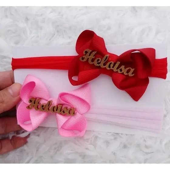 Laço de cabelo infantil na Meia de Seda Personalizado com Nome MDF | Newborn • Mesversário • Batizado