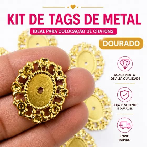TAG para Chaton 10x14mm Dourada - Metal Alumínio ( SOMENTE TAGS NÃ0 ACOMPANHA CHATON) 50 - 100 - 200 UNIDADES