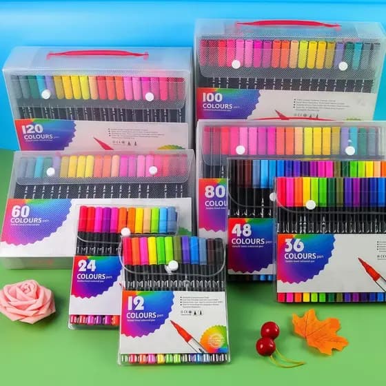 Kit 12/24/36/48/60 Canetas 2 em 1 Brush e Ponta Fina p/ Lettering, Desenho e Colorir Dual Pen