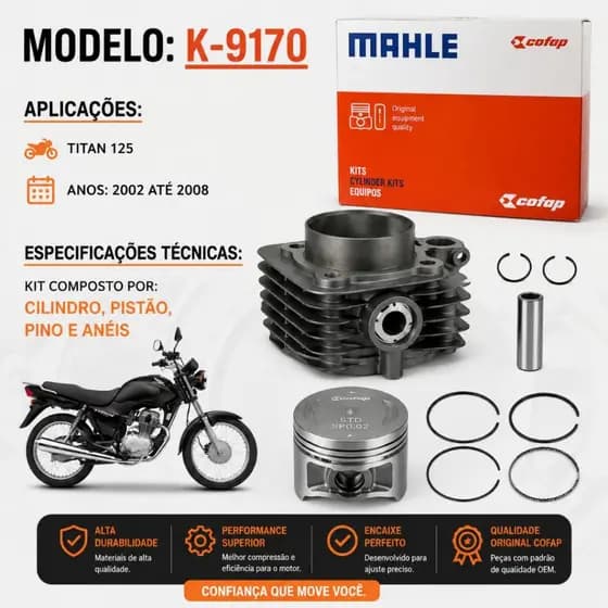 Kit Cilindro Motor Camisa Pistão e Anéis Honda CG Titan Fan Cargo Bros 125 2002 até 2008 Mahle Cofap