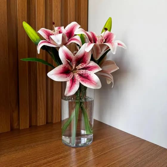 Arranjo em Vaso Cilíndrico Acrílico Premiumcom Lírio Artificial Toque Real Vermelho Decoração