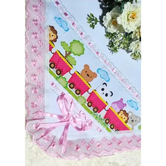 Manta Cueiro Bordado Inglês Manta de berço ou Bebê Conforto de Algodão e Faixa Digital Trem Rosa
