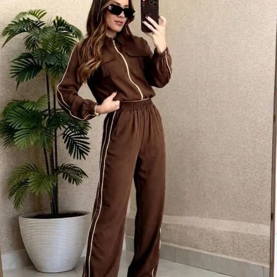 Conjunto Feminino Jaqueta Manga Longa Calça Pantalona Tecido Marrante Listrinha