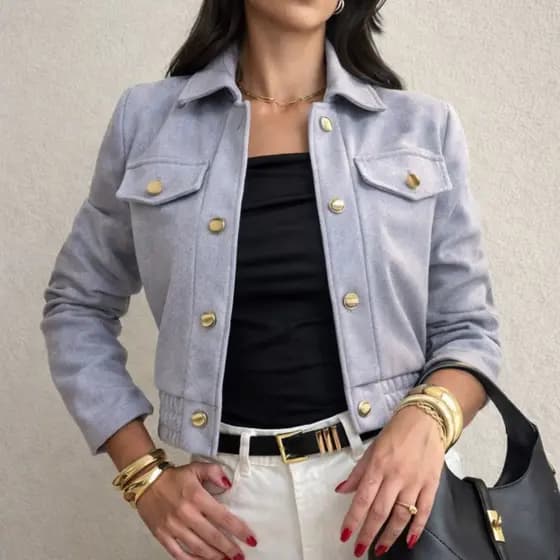 Jaqueta Feminina Lã Batida Bomber Manga Longa com Botões Elegante