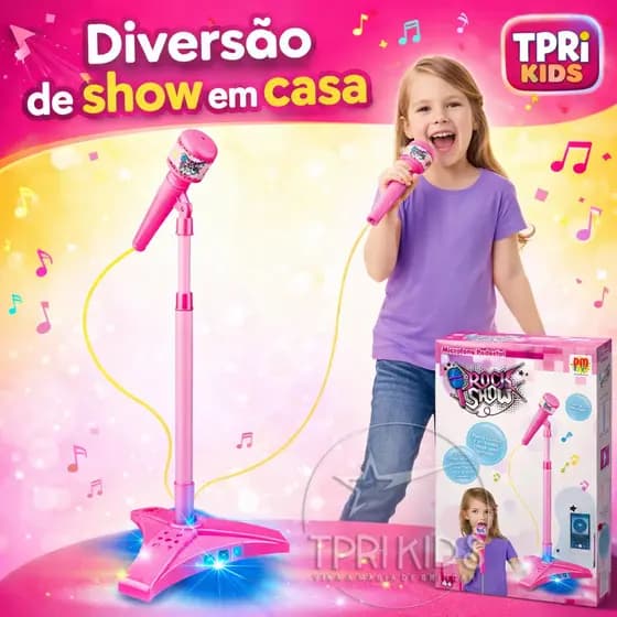 Microfone Infantil Karaokê Pedestal Caixa de Som LED Bluetooth Brinquedo Menina Conecta Celular MP3