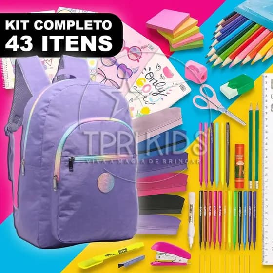 Kit Material Escolar Completo Mochila Menina Lilás Ensino Fundamental Estojo Caderno Faculdade Top