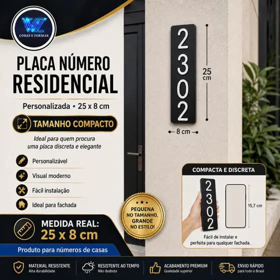 Número Residencial Para Casa Personalizado Placa 25x8cm Horizontal Vertical Preto, Branco, Prata.