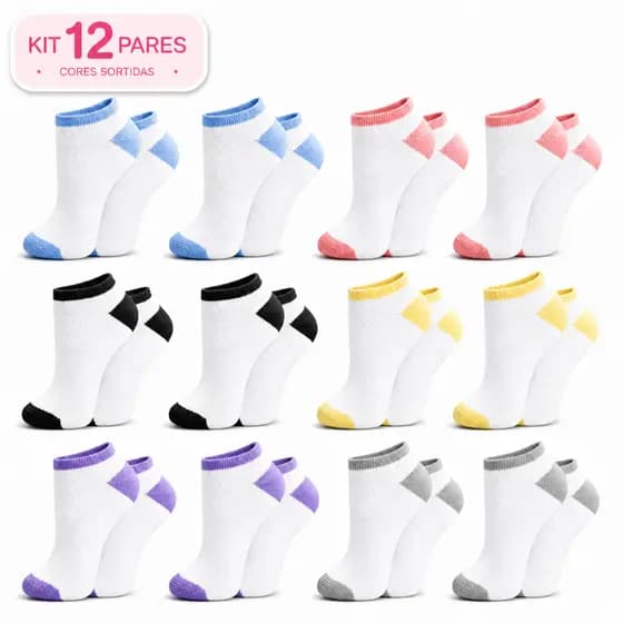 Kit 12 Pares Meia Feminina Respirável Cano Baixo Confortável Delicada Academia Caminhada Dia a Dia