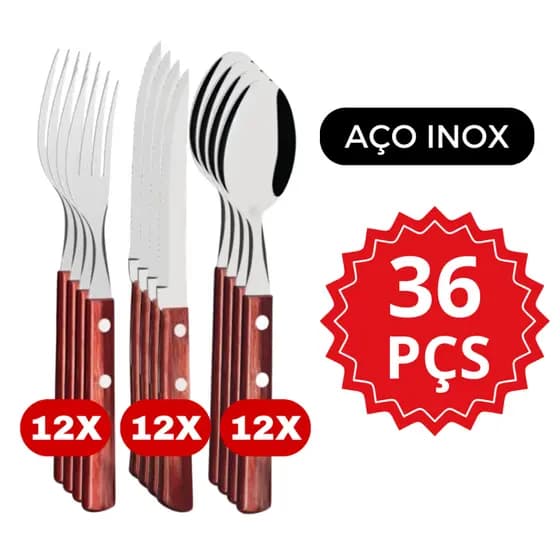 Kit 36 Peças Talher Cabo Madeira Aço Inox Premium 12 Facas 12 Garfos 12 Colheres Armário Cozinha