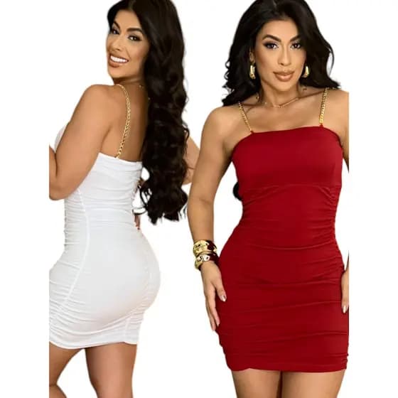 Vestido Feminino Curto lançamento 2025 Justo Plissado Com Bojo Branco e Vermelho Revellion