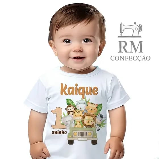 Camiseta Bebê Personalizada Mesversário Safari com Nome #F312