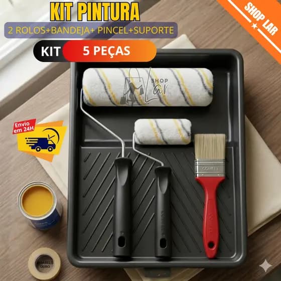 KIT PINTURA 5 PEÇAS POLIPOP KIT COMPLETO ROLO 23 E 9 CM PINCEL 2'' BANDEJA SUPORTE